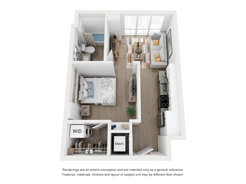 Floor plan for 1 bed, 1 bath, 477 sqft